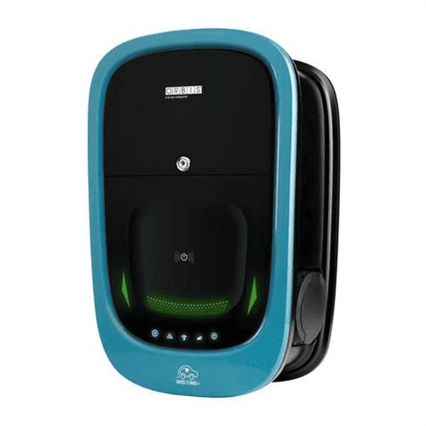 Doppelladegerät für Elektroautos mit WLAN Orbis VIARI Combi dreiphasig 2 x 22 kW Typ II mit der Referenz OB94P7CCKA2 von der Marke ORBIS