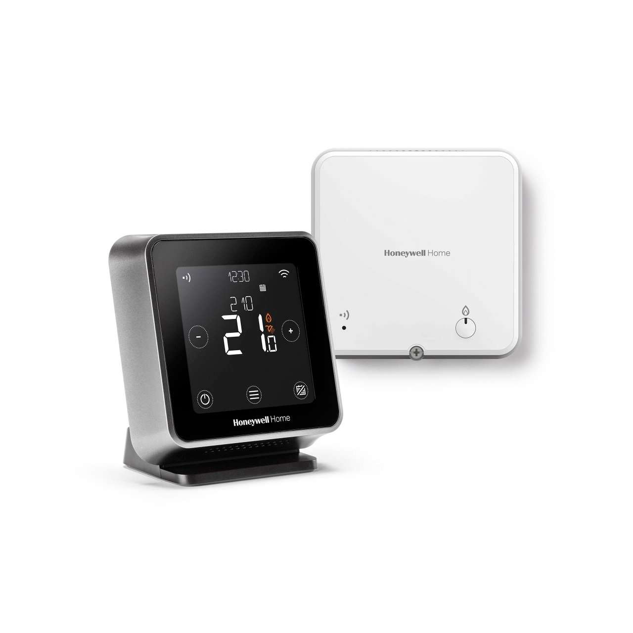 Schwarzer T6R Wireless-Smart-Thermostat auf dem Tisch mit der Referenz Y6H910RW4013 von der Marke RESIDEO