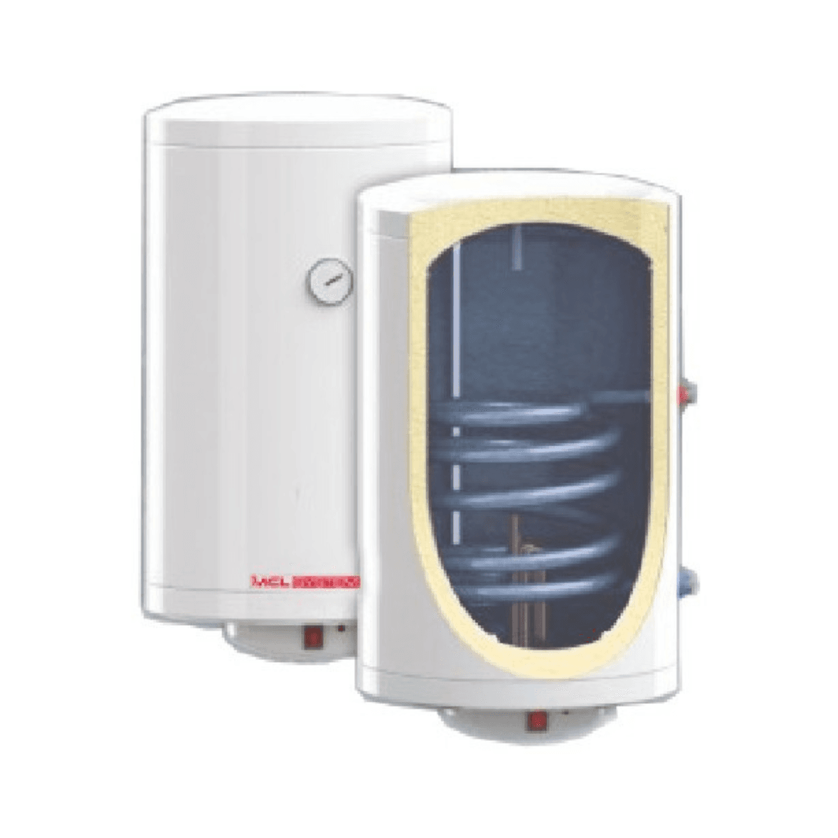 Bodenstehender Warmwasserspeicher mit spiralförmigem, emailliertem Wärmetauscher, 150 Liter, Durchmesser 560 mm mit der Referenz 05825 von der Marke MECALIA