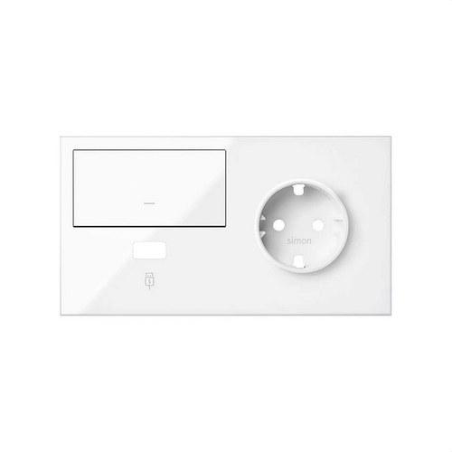 Front kit for 2 elements with 1 Schuko socket base, 1 key and 1 USB charger right glossy white Simon 100 with reference 10020206-130 from the brand SIMON
